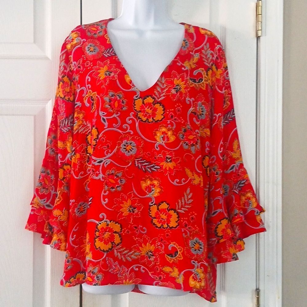 Mercer & Madison red floral print bell sleeve blouse Sz XL NWOT
